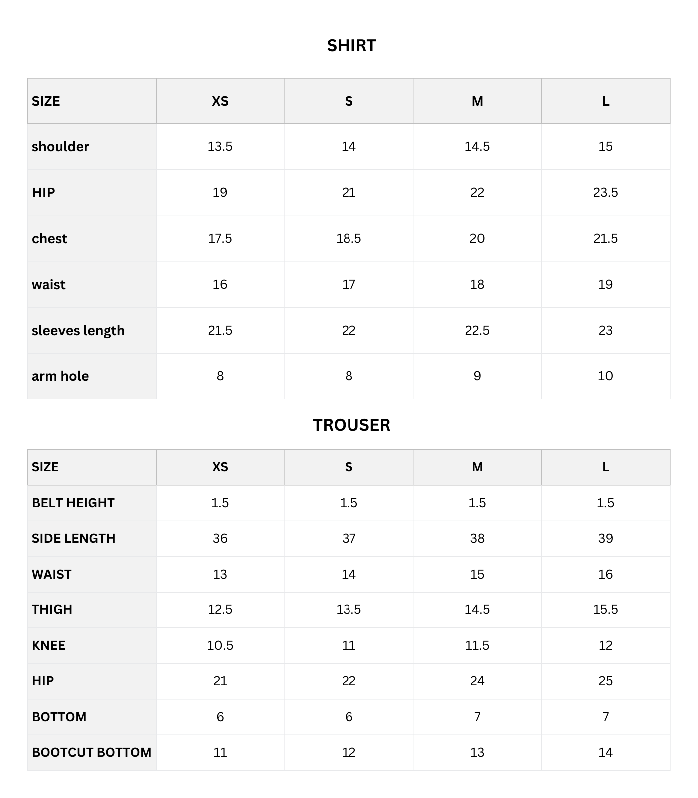 Size chart (Inches)