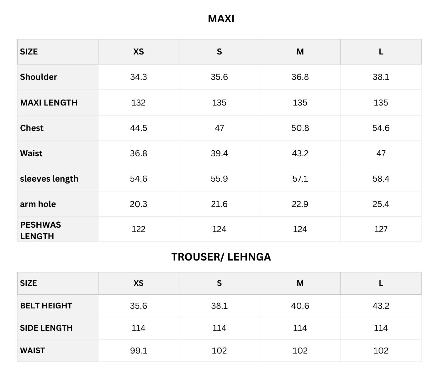 Size chart (CM)
