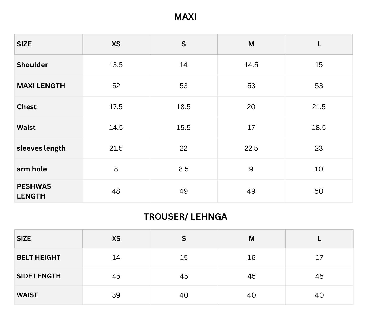 Size chart (Inches)