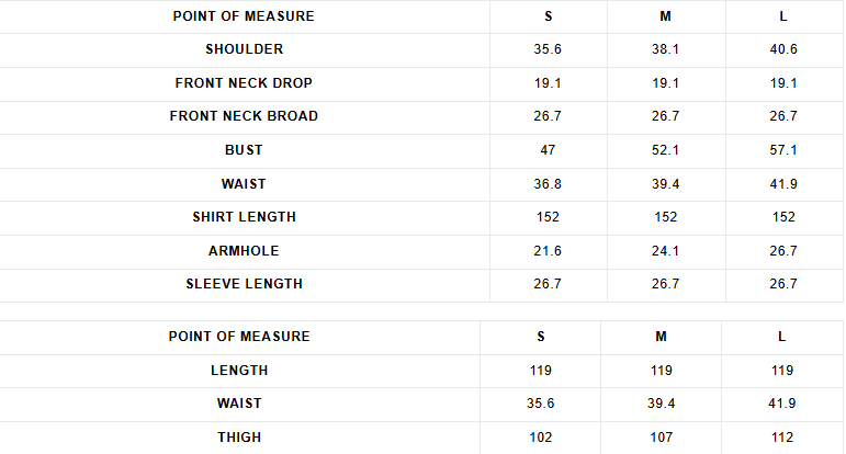 Size chart (Inches)