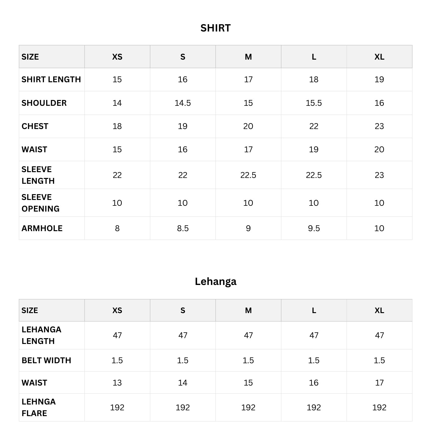 Size chart (Inches)