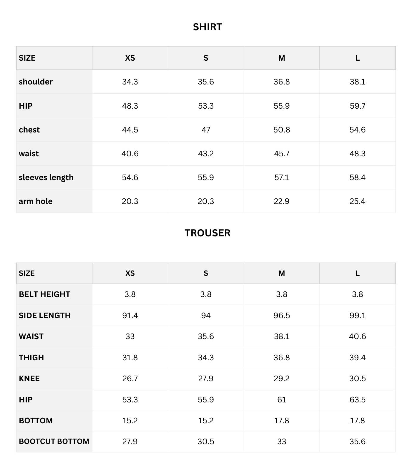 Size chart (CM)