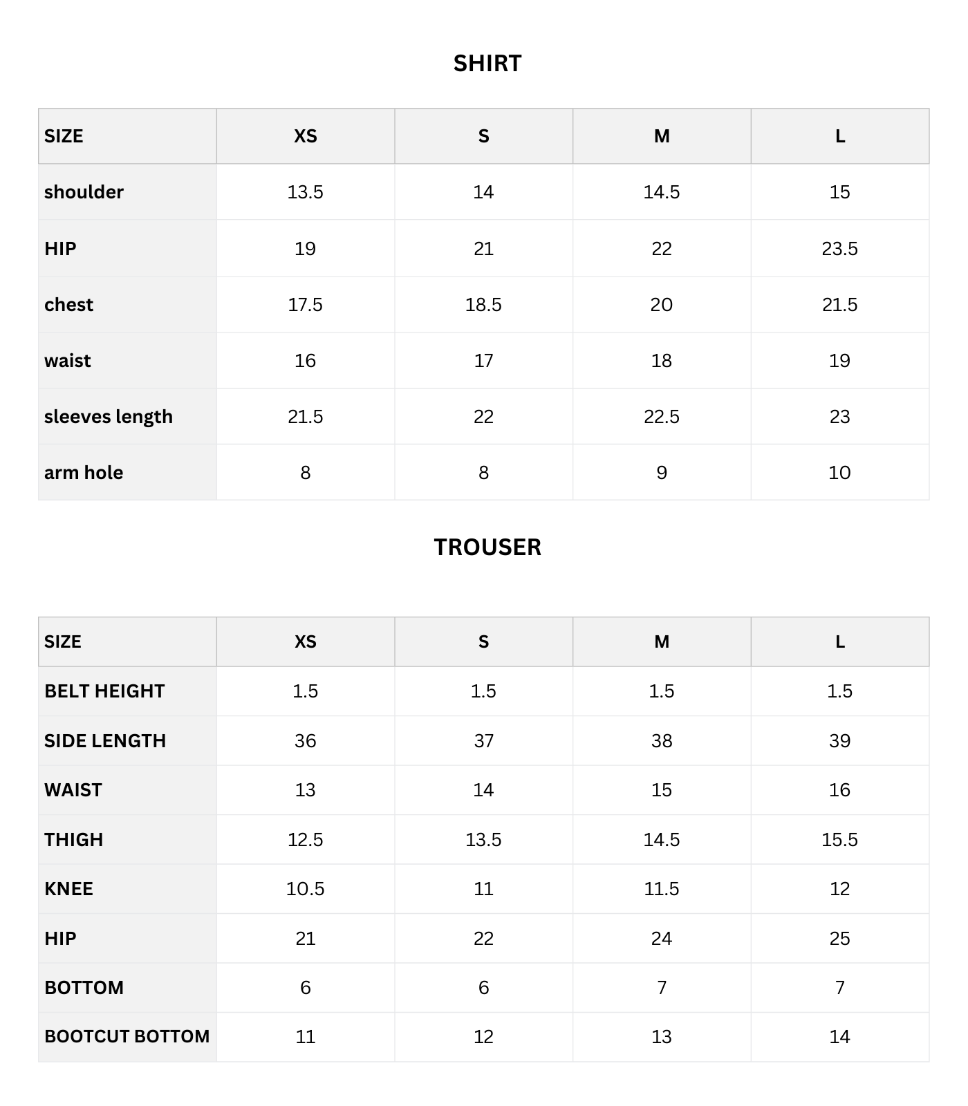 Size chart (Inches)