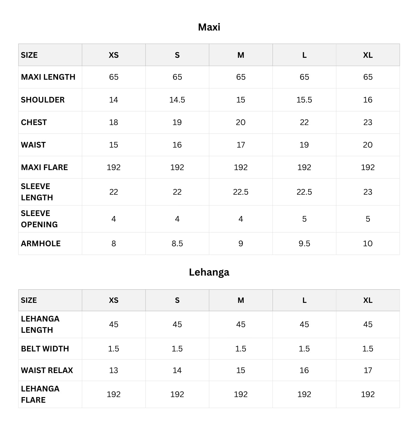 Size chart (Inches)