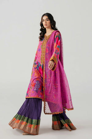 Woman wearing a vibrant pink and purple traditional outfit with intricate patterns on a white background.
Ihasa Bai By Ruuposh Collection 07