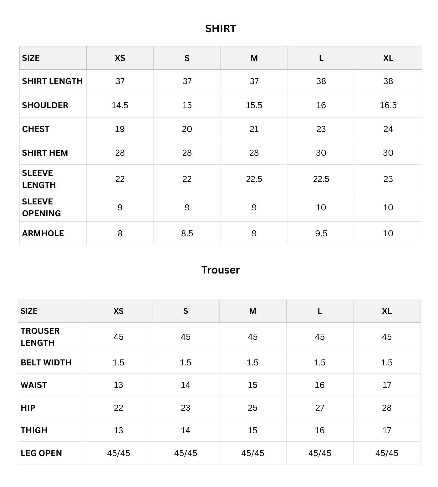 Size chart (Inches)