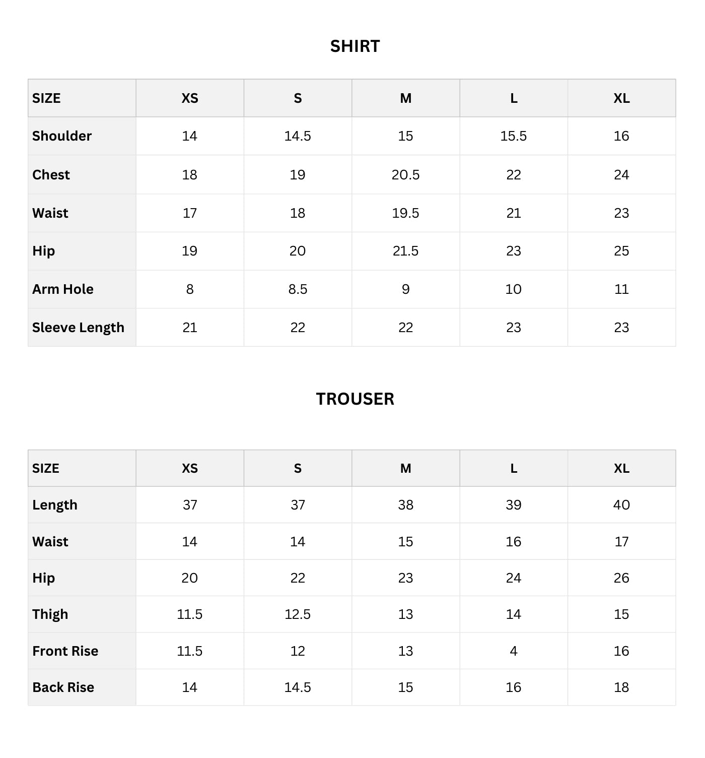 Size chart (Inches)