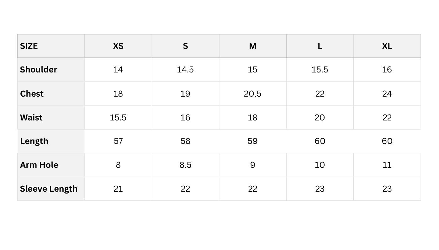 Size chart (Inches)