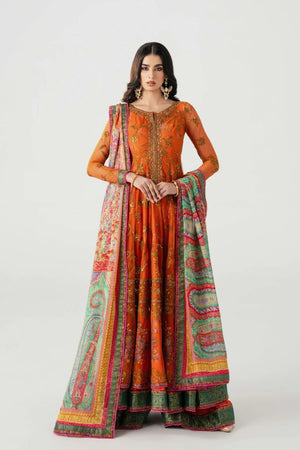 Woman wearing an orange traditional outfit with a colorful dupatta on a white background.
Mahlaqa Bai By Ruuposh Collection 04