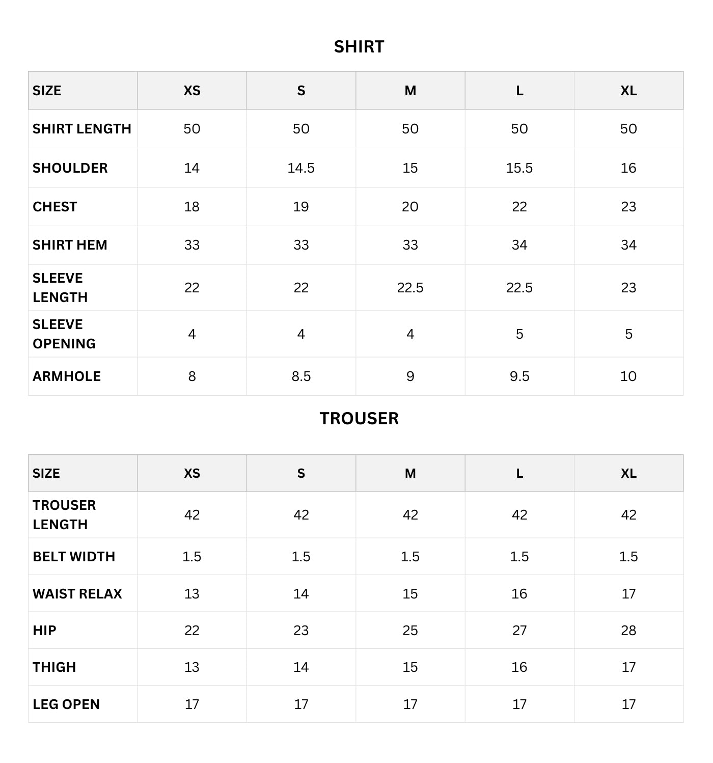 Size chart (Inches)