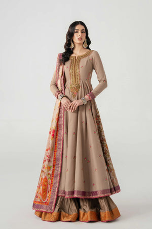 Woman wearing a traditional beige and brown outfit with a matching dupatta on a white background.
Naghz Beg By Ruuposh Collection 04
