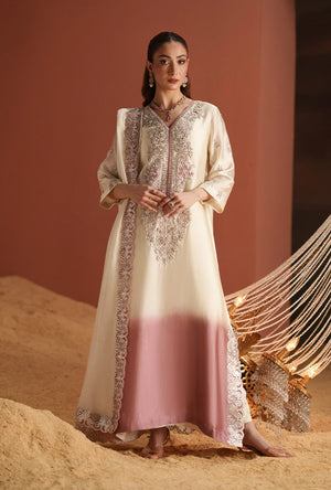 Nooré embroidered silk outfit featuring a beige and pink design, perfect for all seasons.