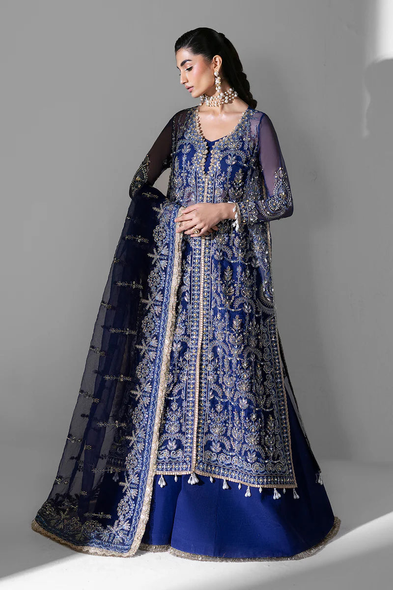 Woman wearing a traditional blue embroidered outfit with a gray background.
Orchid_By_Ruuposh_Collection_2