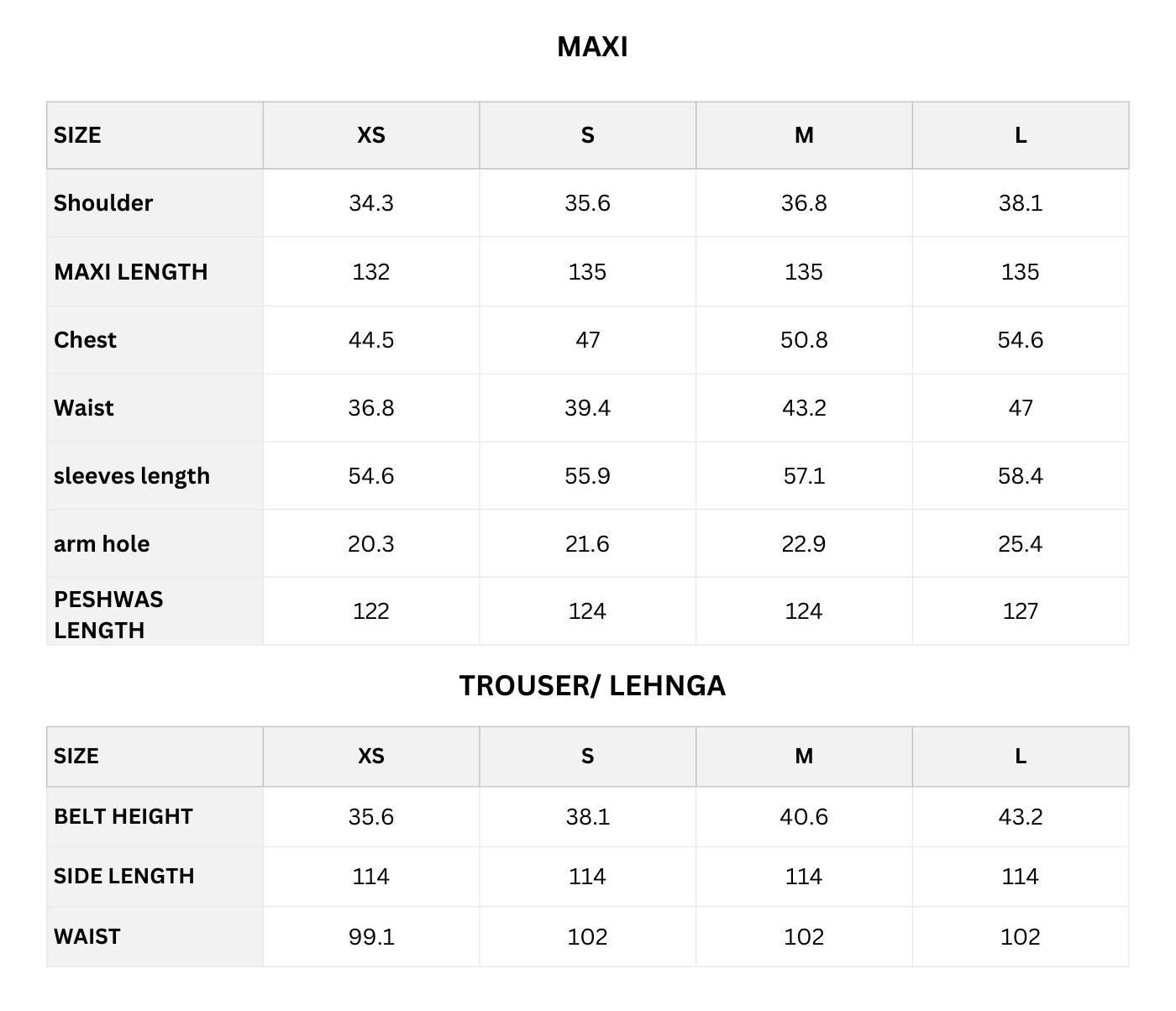 Size chart (CM)