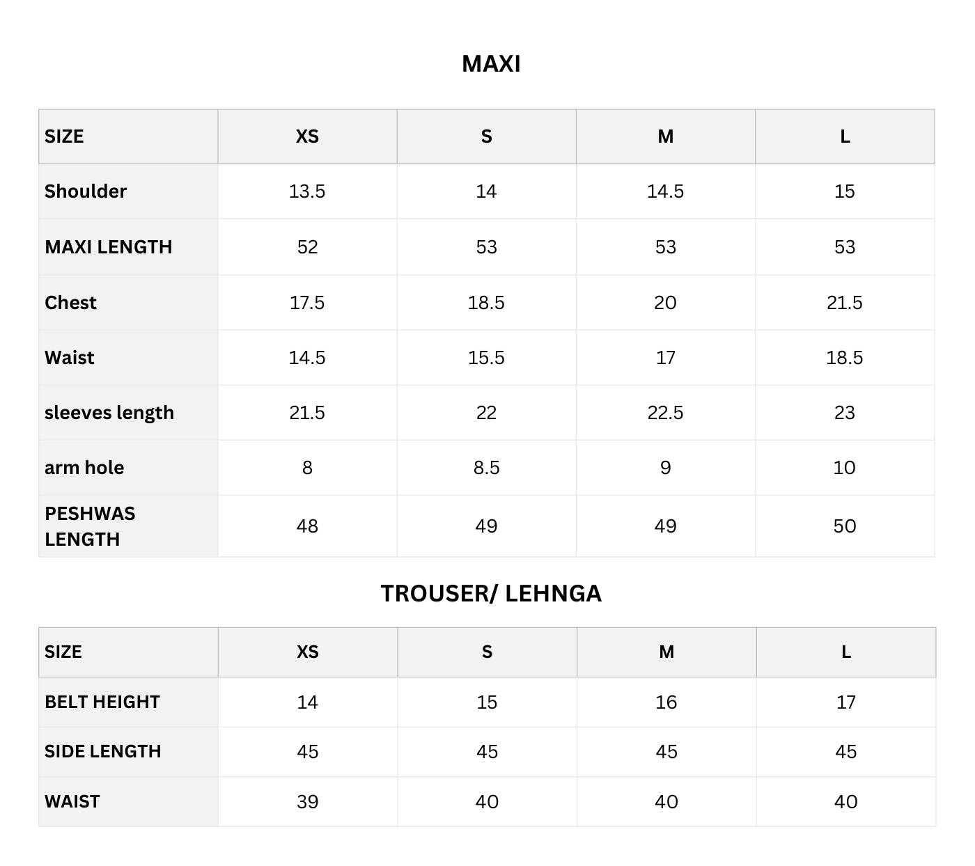 Size chart (Inches)