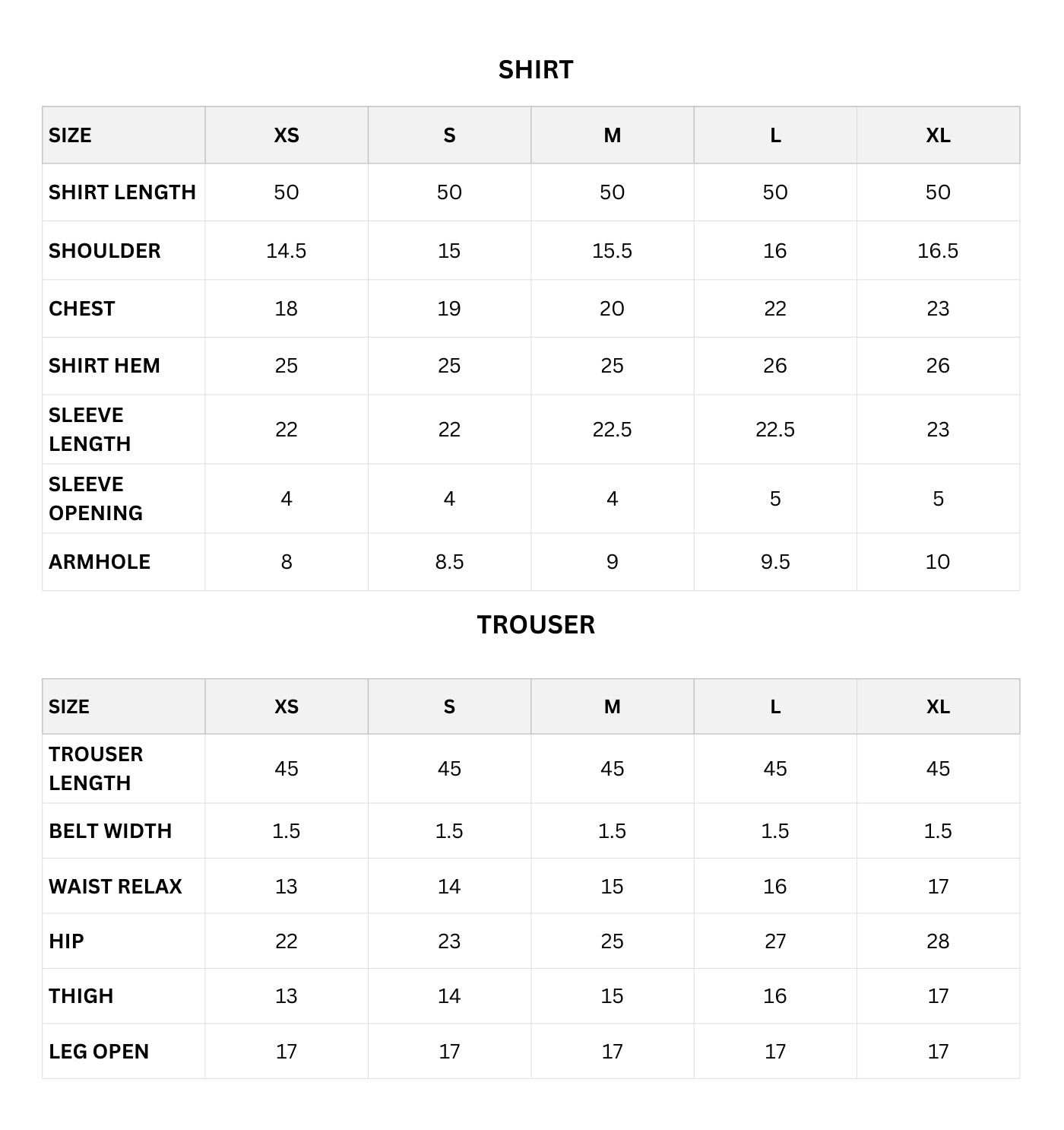 Size chart (Inches)