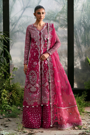Rowan Woman wearing a traditional pink and red embroidered outfit with a sheer dupatta in a natural setting.