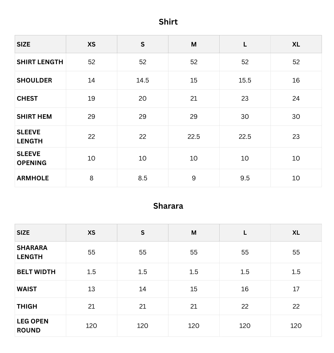 Size chart (Inches)