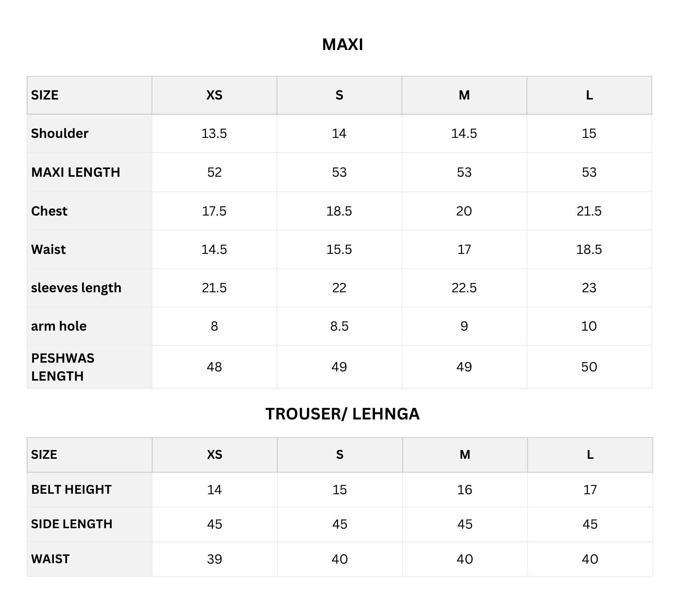 Size chart (Inches)