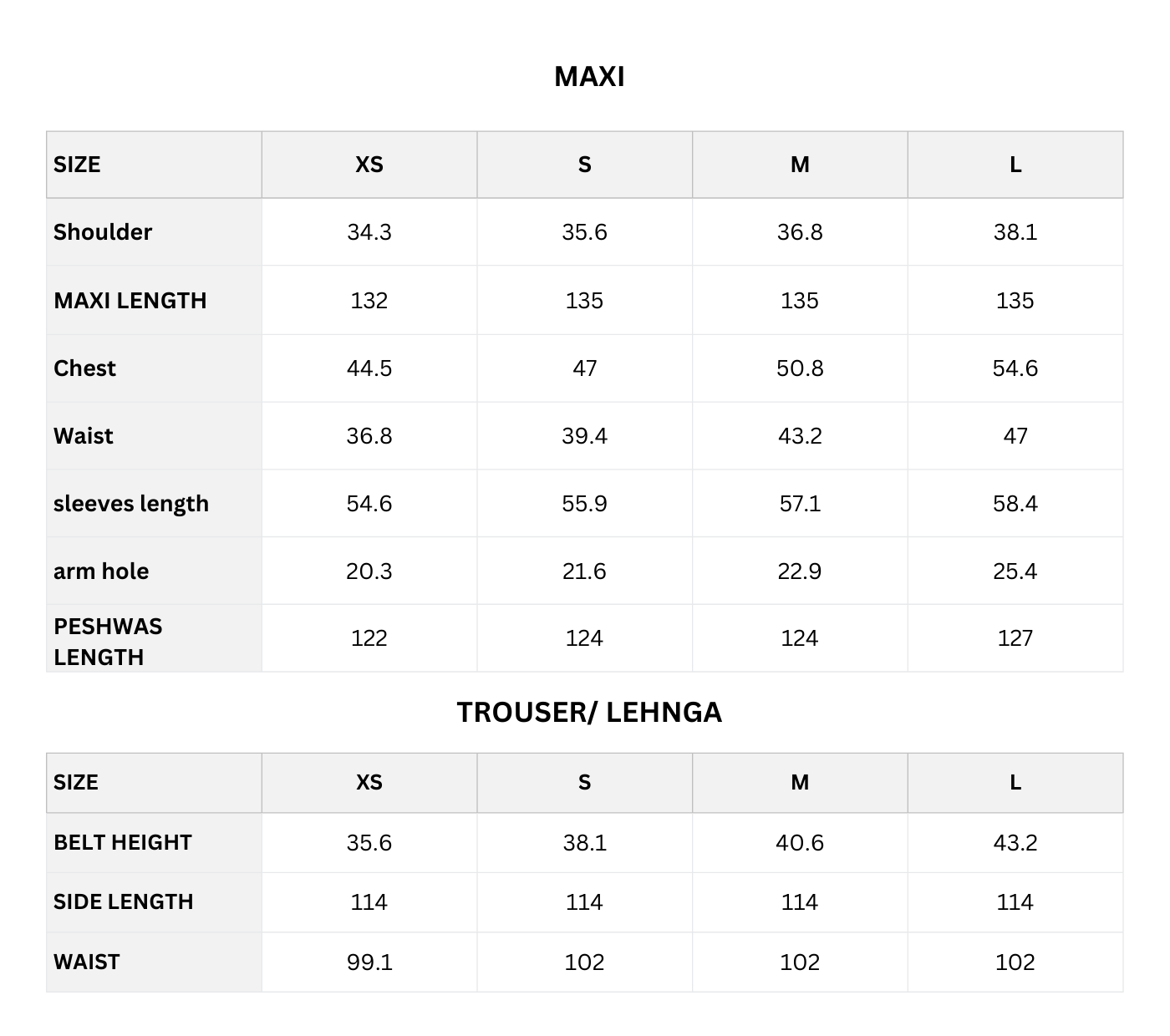 Size chart (CM)