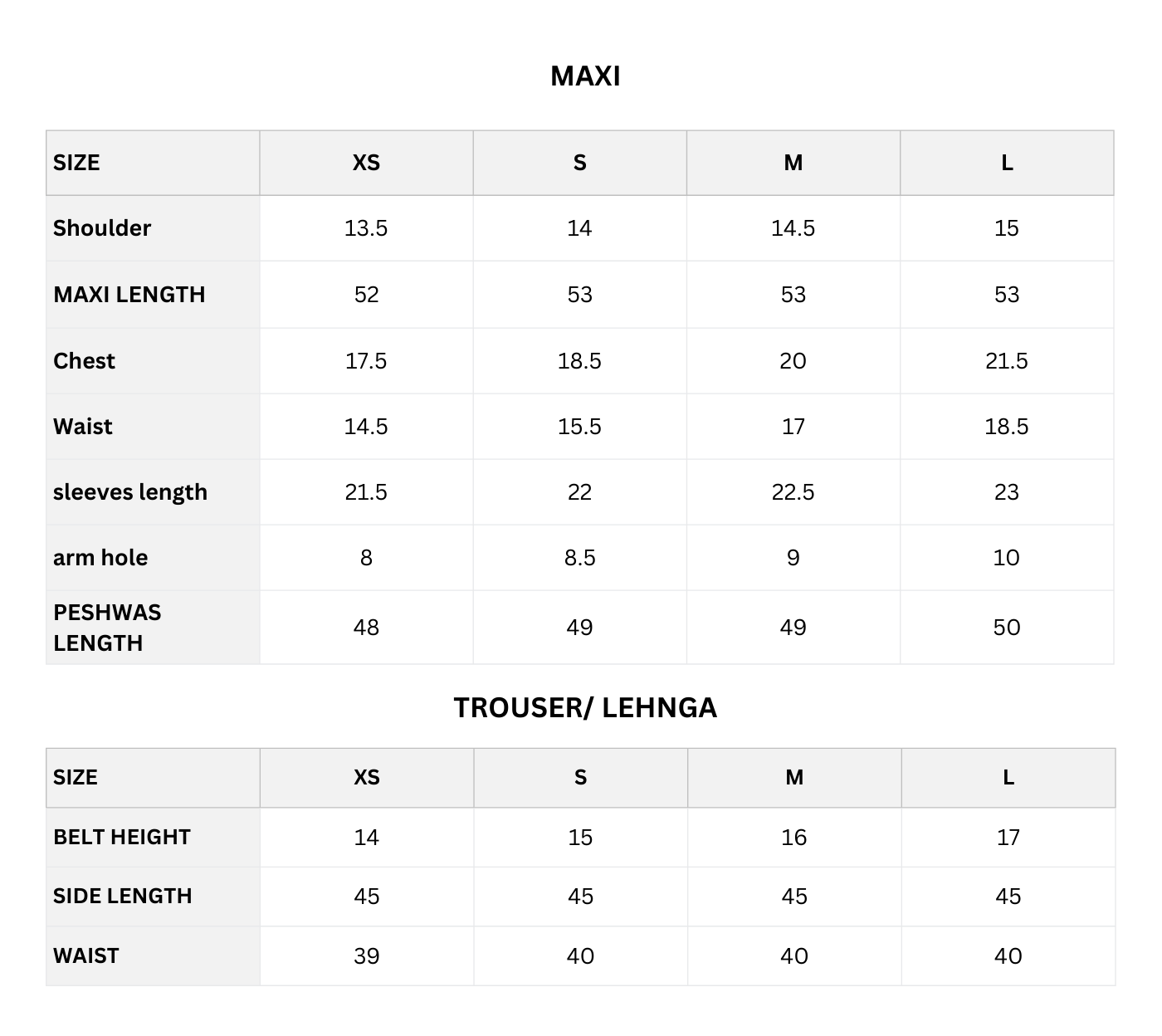 Size chart (Inches)