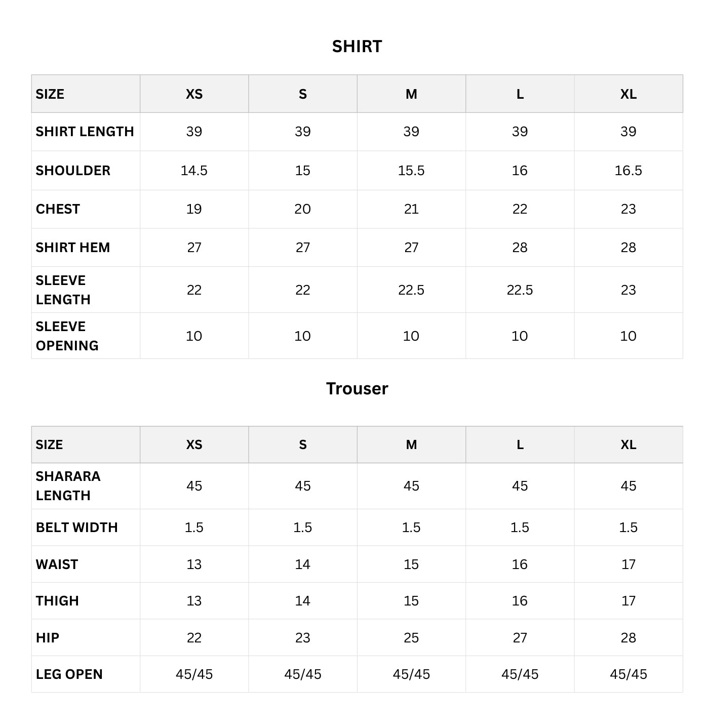 Size chart (Inches)