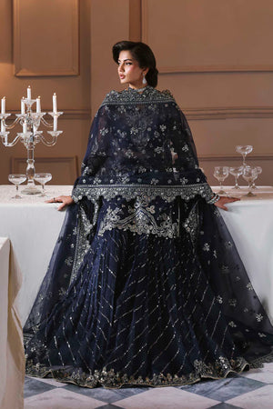 zarpari  Woman in an embroidered navy blue traditional outfit standing in a formal setting.