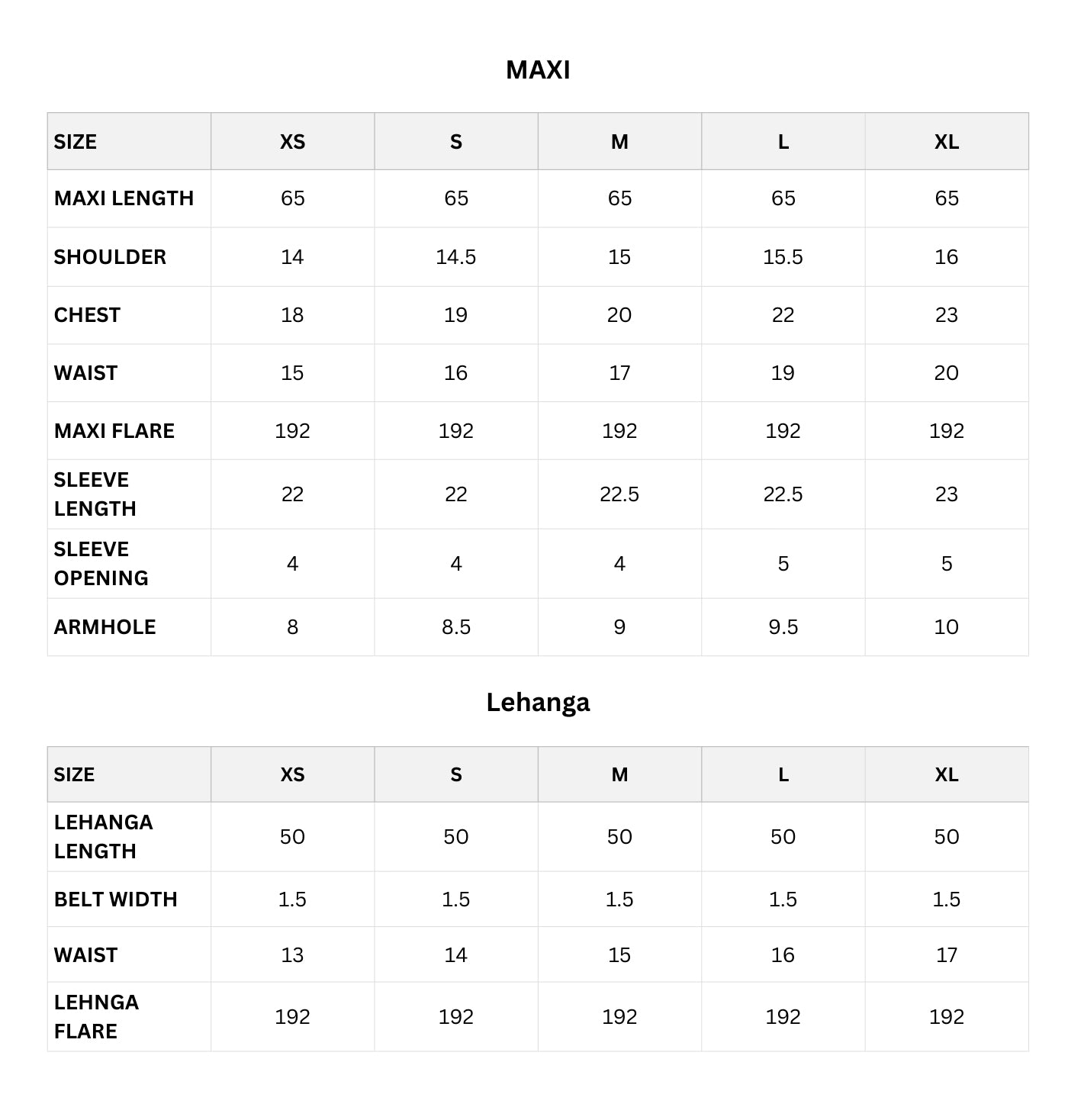 Size chart (Inches)