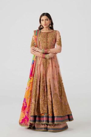Woman wearing a traditional outfit with a colorful dupatta on a white background.
chand-bibi By Ruuposh Collection 07