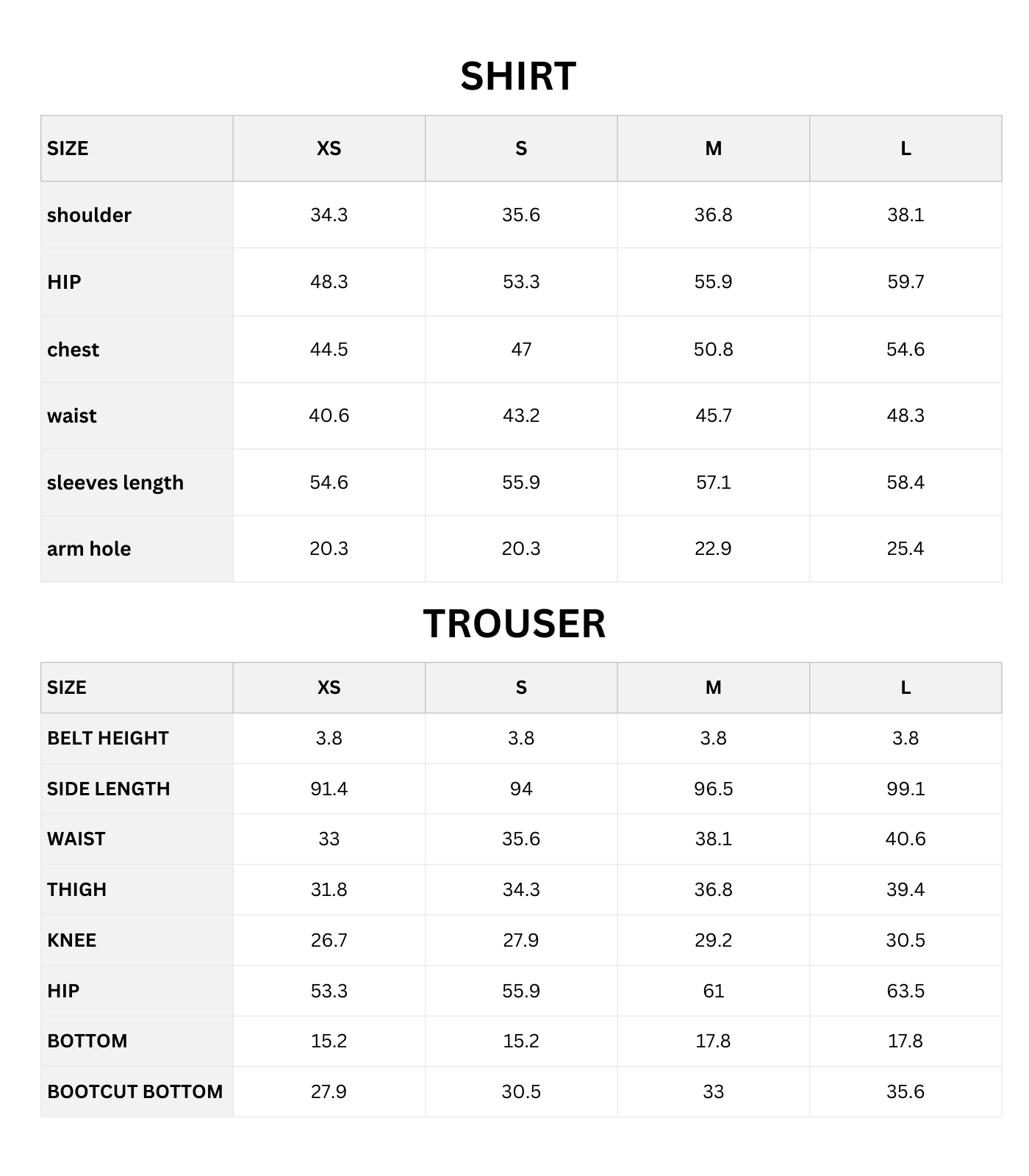 Size chart (CM)
