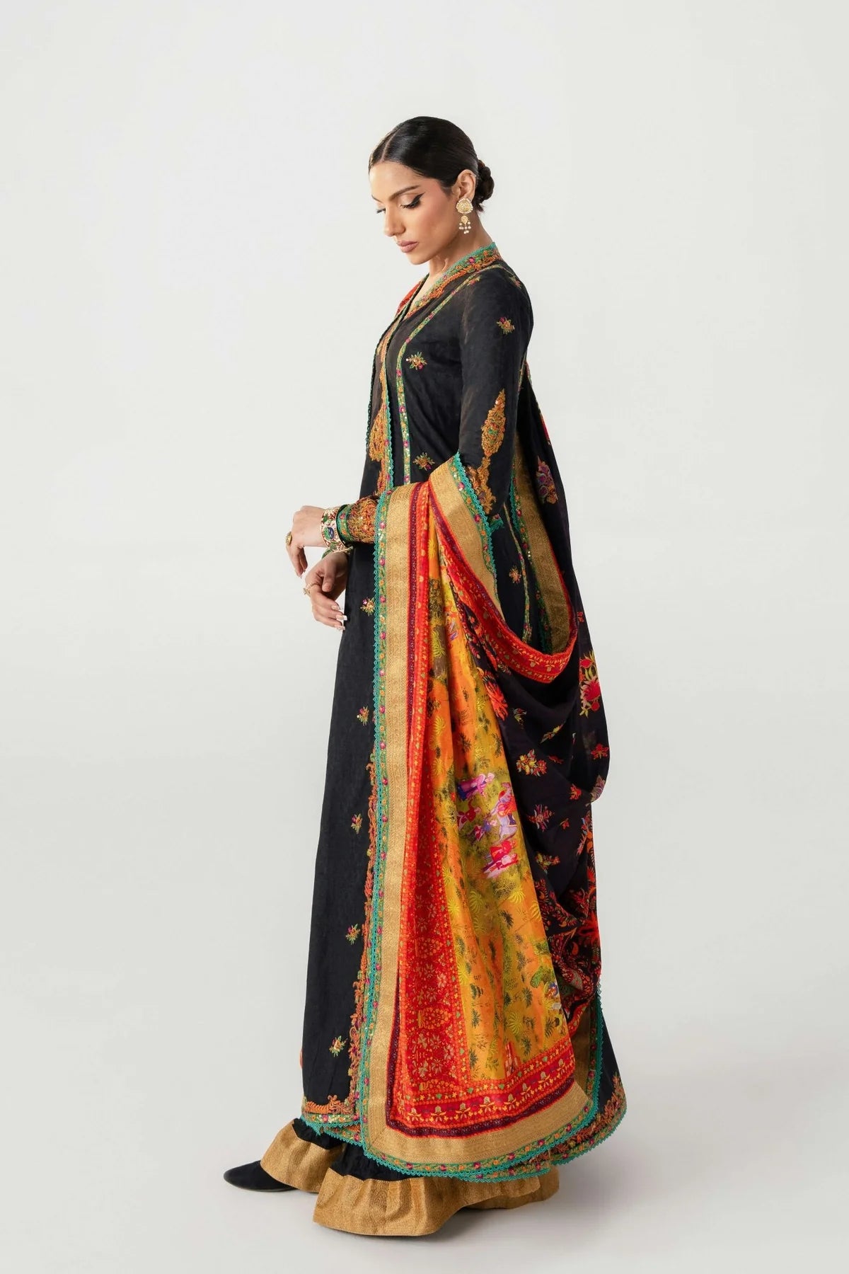 Woman wearing a traditional black and multicolored saree on a white background
dochalla_By_Ruuposh_Collection_07