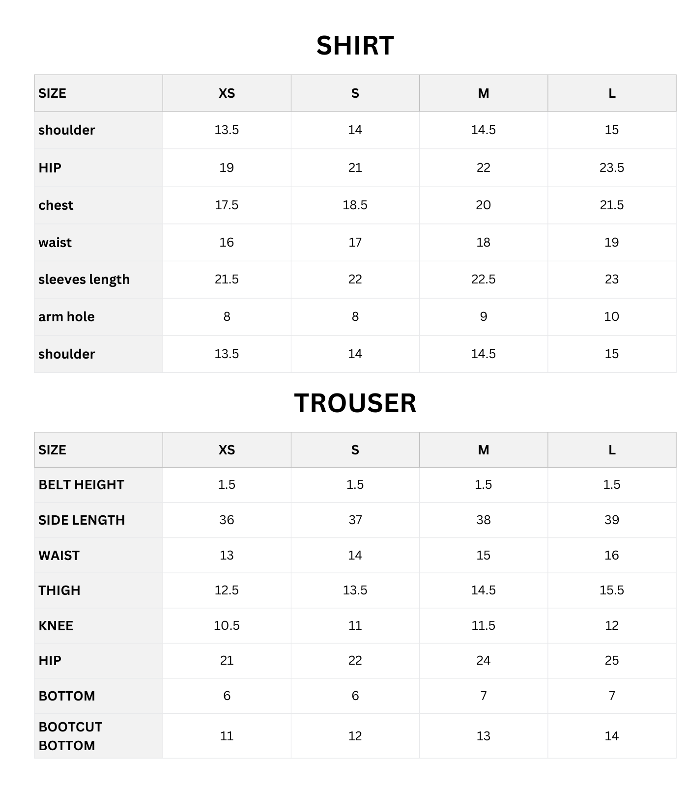 Size chart (Inches)