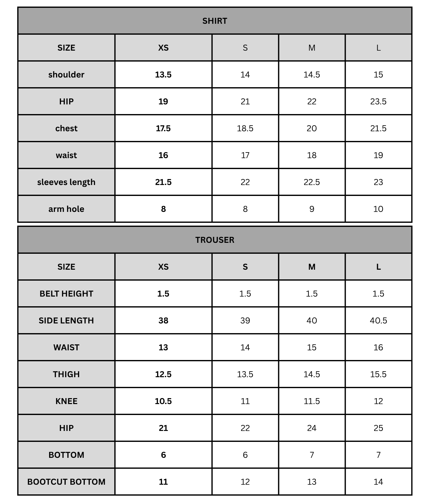 Size chart (CM)