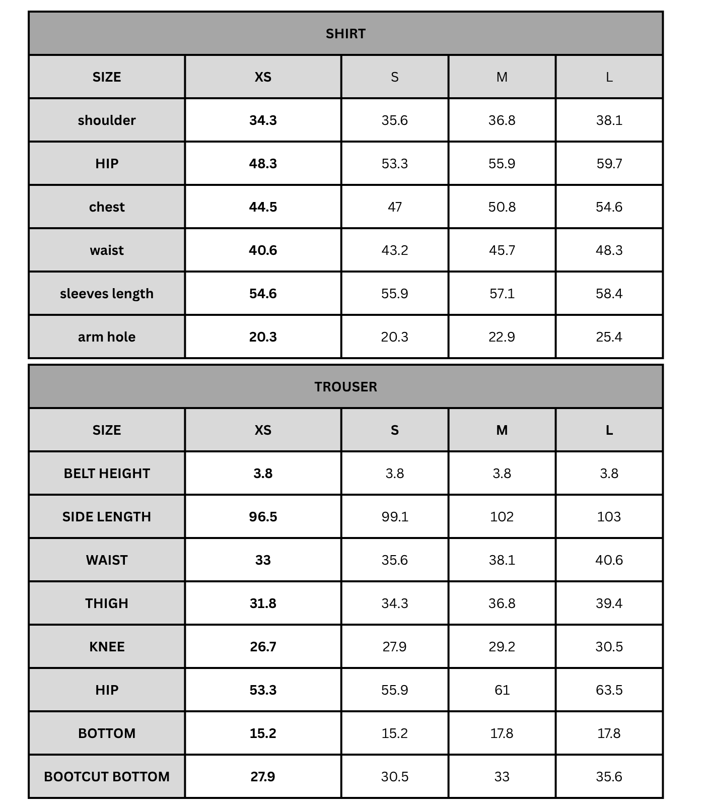Size chart (Inches)